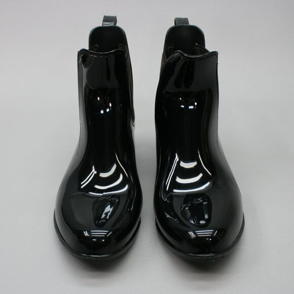 Michael Kors Ladies 8 Chelsea Charm Black PVC Brown Logo Rain Ankle Boots JH21G - Picture 5 of 12